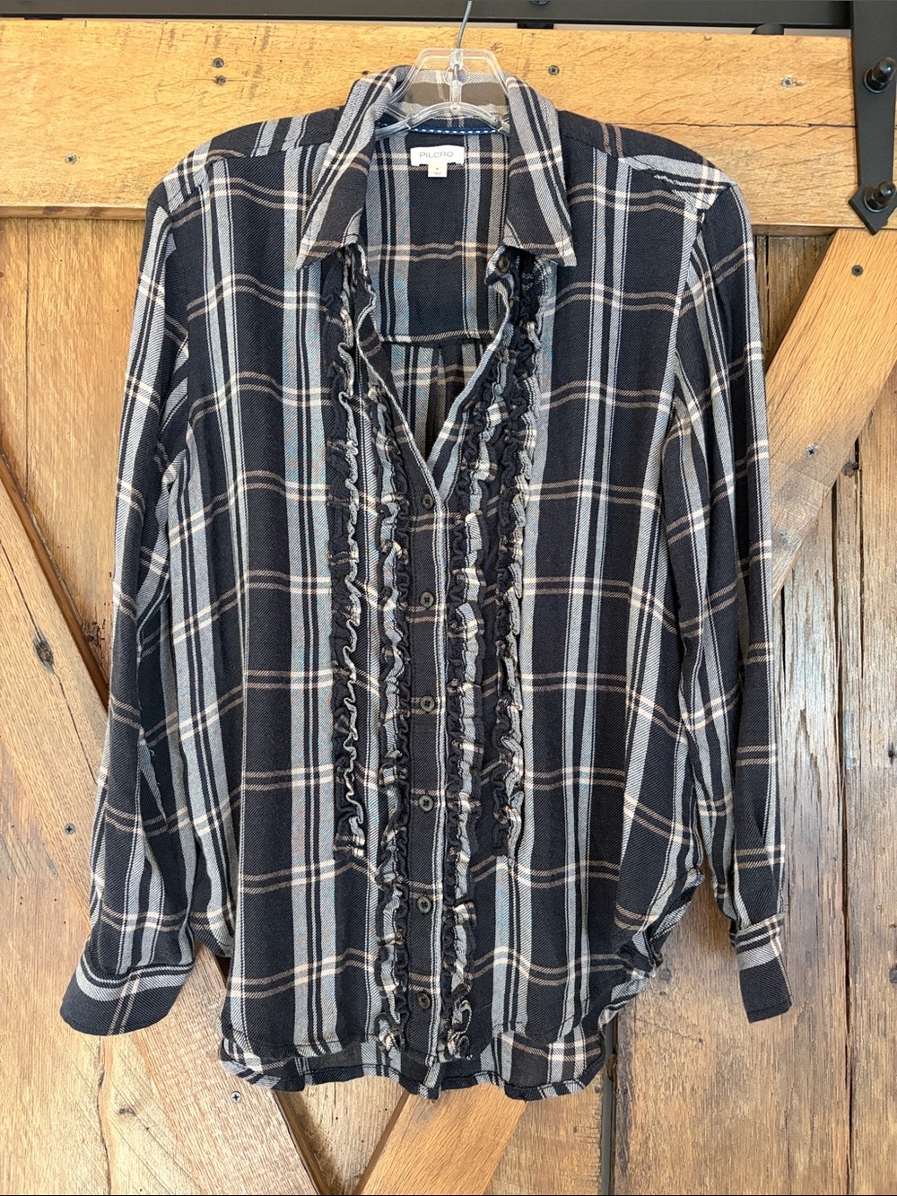 Pilcro Size Small Black & Tan Plaid Ruffle-Front Button Down Shirt